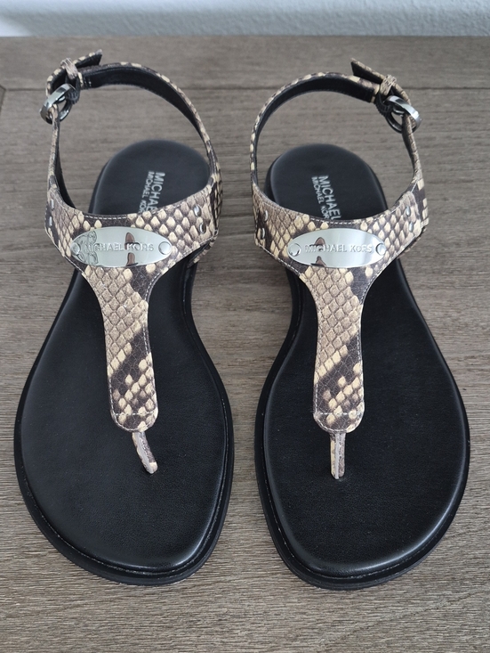 Michael Kors Shoes - Michael Kors Snake-Print T-Strap Sandals in Black and Brown